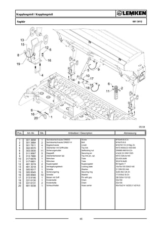 Kupplungsteil / Kupplungsteil
Saphir 681 3012
05.04
Pos. Art.-Nr. Stk. Artikeltext / Description
46
Abmessung
1 301 3658 1 Sechskantschraube DIN933 Screw M16x45-8.8 Zn
2 301 3884 2 Sechskantschraube DIN931-A Bolt M16x70-8.8
4 301 7811 4 Bügelschraube U-bolt M16/70/110 (310lg) Zn
5 302 8570 1 Oberlenker mit Griffmutter Top link KAT2 M30x3,5 430-630
6 303 0935 11 Sicherungsmutter Selflocking nut DIN985-NM16-8 Zn
8 311 9567 5 Klappstift Securing pin 4,5x32 Zn DIN11023
9 313 7880 2 Oberlenkerbolzen kpl. Top link pin, cpl. KAT2 D25,4x140
10 317 6678 1 Röhrchen Tube 25,4/20,5x56
11 317 6801 1 Röhrchen Tube 26,9/16,9x26
12 481 3019 2 Kupplungsteil Kupplungsteil 65 Saphir 7
13 481 3018 4 Verriegelungsblech Locking plate 10x70x135 D35/21-65
14 305 6017 1 Scheibe Washer 21 DIN125 V4A
15 305 8545 5 Sicherungsring Securing ring 3x30-35x1,25 Zn
16 305 8584 10 Scheibe Washer 17,5/35x2 St-Zn
17 313 8146 1 Bolzen mit Griff Pin with grip GB D20x112/122
18 331 6130 1 Knotenkette Chain D2x150
19 331 6131 2 Knotenkette Chain D2x100
20 481 5038 1 Schlauchhalter Hose carrier 40x10x214 1xD20,5 1xD16,5
 
