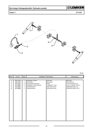 Hyd.Anlage f.Schleppzinkenfeld / Hydraulic assembly
Ouarz 7 675 4320
05.04
Pos. Art.-Nr. Stk. Artikeltext / Description
47
Abmessung
1 375 2122 1 Staubkappe, schwarz Cap, black D26,5 Bg.3
2 375 2718 1 SVK-Stecker SVK-socket NW10-M18x1,5
3 375 4020 2 Einschraubverschraubung Nipple x-GE12-LM M18x1,5 Zn
4 375 4550 1 Einstellbare L-Verschraubung L-adjustable T-union x-evL12-L DKO24° M18x1,5
5 475 2633 1 Hydraulikschlauch High-pressure hose 1SN08-2400 DKOL-12L
6 475 2699 1 Hydraulikschlauch High-pressure hose 2SN08-805 2xDKOL12-45°
 