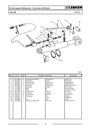 Erweiterungssatz Hubbegrenzer / Conversion-set lift limiter
AHG-HB 675 5212
05.04
Pos. Art.-Nr. Stk. Artikeltext / Description
50
Abmessung
1 301 0306 2 Flachkopfschraube DIN85 Flatheaded bolt M6x45-4,6 Zn
2 301 0815 1 Ringschraube Eye bolt M8 DIN580 Zn
3 303 0931 2 Sicherungsmutter Selflocking nut DIN985-NM6-8 Zn
4 303 0932 1 Sicherungsmutter Selflocking nut DIN985-NM8-8 Zn
5 309 7000 3 Spannhülse Expansion bush 8x50-DIN1481 Chrom 8
6 311 8604 1 Federstecker Spring pin 4 DIN11024 Zn
7 313 2550 1 Bolzen Pin BB D25x128 3xD8
8 313 3030 1 Bolzen Pin BB D30/25x128 3xD8
9 325 1180 2 Schlauchschelle Hose clip OL-S 6400
10 375 5110 2 Schneidring Cutting ring 12-L/S Zn WD
11 375 5310 2 Überwurfmutter Union nut 12L M18x1,5 Zn
12 475 3610 1 Steuerstange Rod D12x560
13 475 3611 1 U U-steel 100x40x45x3
14 475 8848 1 Rohr Tube 12x2x40
15 575 2146 1 Hubbegrenzer Hebel rechts Raise limiter HBS12L M18x1,5 Zn
 