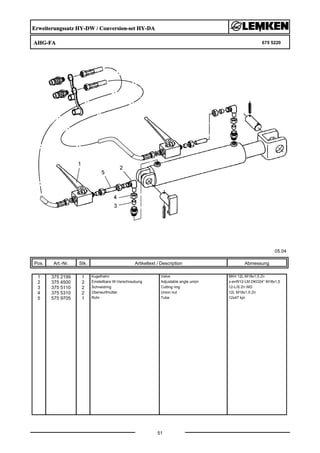 Erweiterungssatz HY-DW / Conversion-set HY-DA
AHG-FA 675 5220
05.04
Pos. Art.-Nr. Stk. Artikeltext / Description
51
Abmessung
1 375 2199 1 Kugelhahn Valve BKH 12L-M18x1,5 Zn
2 375 4500 2 Einstellbare W-Verschraubung Adjustable angle union x-evW12-LM DKO24° M18x1,5
3 375 5110 2 Schneidring Cutting ring 12-L/S Zn WD
4 375 5310 2 Überwurfmutter Union nut 12L M18x1,5 Zn
5 575 9705 1 Rohr Tube 12x47 kpl.
 