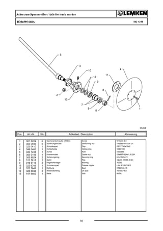 Achse zum Spuranreißer / Axle for track marker
D30x595 668A 582 1248
05.04
Pos. Art.-Nr. Stk. Artikeltext / Description
55
Abmessung
1 301 3224 6 Sechskantschraube DIN933 Screw M10x30-8.8
2 303 0933 6 Sicherungsmutter Selflocking nut DIN985-NM10-8 Zn
3 323 0410 1 Schutzkappe Cap D81/77/40x18x2
4 349 0460 1 Hohlscheibe Hollow disc D380/100
5 482 1248 1 Achse Axle D30x595
6 303 0193 1 Kronenmutter Castle nut DIN937-M24x1,5-22H
7 305 8924 2 Sicherungsring Securing ring 62x2 DIN472
8 311 7613 1 Splint Peg 3,2x40 DIN94-St Zn
9 319 9116 2 Kegelrollenlager Bearing 30206.
10 323 6345 1 Schmiernippel Grease nipple LAM 6 DIN71412
11 323 7641 1 Dichtung Seal D120/65x1,6
12 323 8032 2 Wellendichtring Oil seal 40x55x7 BA
13 447 8882 1 Nabe Hub 668 A
 