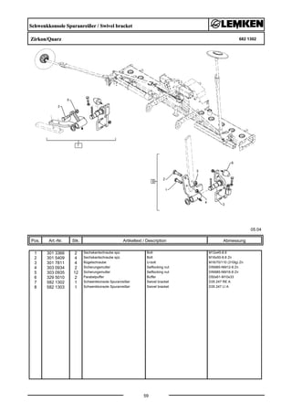 Schwenkkonsole Spuranreißer / Swivel bracket
Zirkon/Quarz 682 1302
05.04
Pos. Art.-Nr. Stk. Artikeltext / Description
59
Abmessung
1 301 3366 2 Sechskantschraube spz. Bolt M12x45-8.8
2 301 5409 4 Sechskantschraube spz. Bolt M16x50-8.8 Zn
3 301 7811 4 Bügelschraube U-bolt M16/70/110 (310lg) Zn
4 303 0934 2 Sicherungsmutter Selflocking nut DIN985-NM12-8 Zn
5 303 0935 12 Sicherungsmutter Selflocking nut DIN985-NM16-8 Zn
6 329 5010 2 Parabelpuffer Buffer D50x61-M10x33
7 582 1302 1 Schwenkkonsole Spuranreißer Swivel bracket D35 247 RE A
8 582 1303 1 Schwenkkonsole Spuranreißer Swivel bracket D35 247 LI A
 