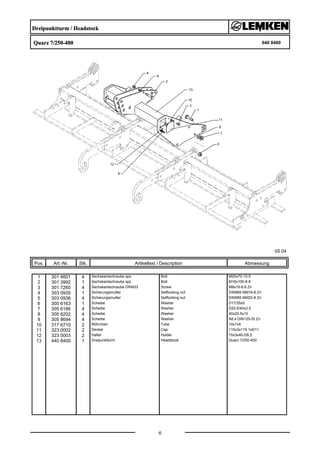 Dreipunktturm / Headstock
Quarz 7/250-400 640 8400
05.04
Pos. Art.-Nr. Stk. Artikeltext / Description
6
Abmessung
1 301 4601 4 Sechskantschraube spz. Bolt M20x70-10.9
2 301 3992 1 Sechskantschraube spz. Bolt M16x100-8.8
3 301 7260 4 Sechskantschraube DIN933 Screw M8x16-8.8 Zn
4 303 0935 1 Sicherungsmutter Selflocking nut DIN985-NM16-8 Zn
5 303 0936 4 Sicherungsmutter Selflocking nut DIN985-NM20-8 Zn
6 305 6163 1 Scheibe Washer D17/35x5
7 305 6186 4 Scheibe Washer D20,5/40x2,5
8 305 6202 4 Scheibe Washer 40x20,5x10
9 305 8694 4 Scheibe Washer A8,4 DIN125-St Zn
10 317 6710 2 Röhrchen Tube 10x1x4
11 323 0002 2 Deckel Cap 115x3x115 1xD11
12 323 0003 2 Halter Holder 15x3x40-D8,5
13 440 8400 1 Dreipunktturm Headstock Quarz 7/250-400
 