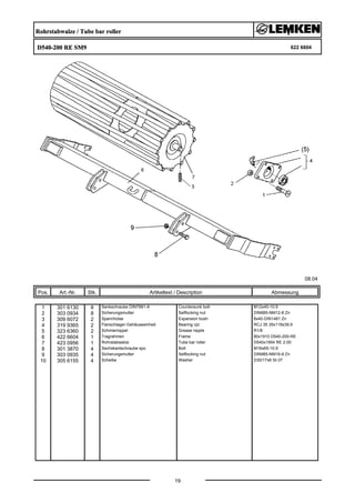 Rohrstabwalze / Tube bar roller
D540-200 RE SM9 622 6604
08.04
Pos. Art.-Nr. Stk. Artikeltext / Description
19
Abmessung
1 301 6130 8 Senkschraube DIN7991-A Countersunk bolt M12x40-10.9
2 303 0934 8 Sicherungsmutter Selflocking nut DIN985-NM12-8 Zn
3 309 6072 2 Spannhülse Expansion bush 8x40-DIN1481 Zn
4 319 9365 2 Flanschlager-Gehäuseeinheit Bearing cpl. RCJ 35 35x118x39,9
5 323 6360 2 Schmiernippel Grease nipple R1/8
6 422 6604 1 Tragrahmen Frame 80x1910 D540-200-RE
7 423 0956 1 Rohrstabwalze Tube bar roller D540x1954 RE 2.00
8 301 3870 4 Sechskantschraube spz. Bolt M16x65-10.9
9 303 0935 4 Sicherungsmutter Selflocking nut DIN985-NM16-8 Zn
10 305 6155 4 Scheibe Washer D30/17x6 St-37
 