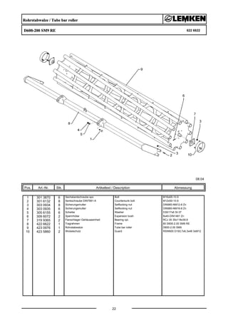 Rohrstabwalze / Tube bar roller
D600-200 SM9 RE 622 6622
08.04
Pos. Art.-Nr. Stk. Artikeltext / Description
22
Abmessung
1 301 3870 6 Sechskantschraube spz. Bolt M16x65-10.9
2 301 6132 8 Senkschraube DIN7991-A Countersunk bolt M12x50-10.9
3 303 0934 8 Sicherungsmutter Selflocking nut DIN985-NM12-8 Zn
4 303 0935 6 Sicherungsmutter Selflocking nut DIN985-NM16-8 Zn
5 305 6155 6 Scheibe Washer D30/17x6 St-37
6 309 6072 2 Spannhülse Expansion bush 8x40-DIN1481 Zn
7 319 9365 2 Flanschlager-Gehäuseeinheit Bearing cpl. RCJ 35 35x118x39,9
8 422 6622 1 Tragrahmen Frame 80 D600-2.00 SM9 RE
9 423 0976 1 Rohrstabwalze Tube bar roller D600-2.00 SM9
10 423 5860 2 Wickelschutz Guard RSW600 D193,7x6,3x48 3xM12
 