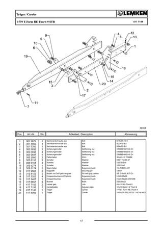 Träger / Carrier
1779 T-Form RE Thorit 9 STR 617 7144
08.04
Pos. Art.-Nr. Stk. Artikeltext / Description
47
Abmessung
1 301 3870 2 Sechskantschraube spz. Bolt M16x65-10.9
2 301 4602 4 Sechskantschraube spz. Bolt M20x75-8.8
3 301 5392 1 Sechskantschraube spz. Bolt M24x85-8.8
4 303 0935 2 Sicherungsmutter Selflocking nut DIN985-NM16-8 Zn
5 303 0936 4 Sicherungsmutter Selflocking nut DIN985-NM20-8 Zn
6 303 0937 1 Sicherungsmutter Selflocking nut DIN985-NM24-8 Zn
7 305 2050 2 Paßscheibe Shim 30x42x1,0 DIN988
8 305 6155 2 Scheibe Washer D30/17x6 St-37
9 305 6164 4 Scheibe Washer D35/20,5x5
10 305 6274 1 Scheibe Washer D50/25x8
11 309 6174 1 Spannhülse Expansion bush 10x70-DIN1481
12 311 9565 2 Klappstift Securing pin 4,5mm
13 313 8152 2 Bolzen mit Griff gelb vergütet Pin with grip, yellow GB D16x50,8/70 Zn
14 317 3352 4 Einspannbuchse mit Preßsitz Expansion bush EG28/32x20
15 317 3407 1 Einspannbuchse Expansion bush EG24/32x20-DIN1498
16 317 6657 4 Buchse Bush D20/28x22
17 417 7105 2 Lenker geb. Link 60x12-380 Thorit 9
18 417 7106 2 Verstellplatte Adjuster plate 12x231,8x441,2 Thorit 9
19 417 7140 1 Träger Carrier 1779 T-Form RE Thorit 9
20 417 8099 1 Träger Carrier 100x20x1282 2xD32 11xD16 4xD7
 