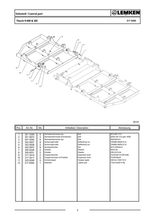 Seitenteil / Lateral part
Thorit 9/400 K RE 617 8260
08.04
Pos. Art.-Nr. Stk. Artikeltext / Description
5
Abmessung
1 301 3399 8 Sechskantschraube spz. Bolt M12x65-10.9
2 301 4874 2 Sechskantschraube-Schmierbohr. Bolt M30x150-10.9 gek. MSB
3 301 5392 8 Sechskantschraube spz. Bolt M24x85-8.8
4 303 0937 8 Sicherungsmutter Selflocking nut DIN985-NM24-8 Zn
5 303 0938 2 Sicherungsmutter Selflocking nut DIN985-NM30-8 Zn
6 303 0972 8 Sechskantmutter Nut M12 DIN934-8
7 305 6326 2 Scheibe Washer 60x31x6
8 305 6531 2 Scheibe Washer D63,5/31x34
9 317 3416 2 Einspannbuchse Expansion bush EG30/38x14-DIN1498
10 317 3417 2 Einspannbuchse mit Preßsitz Expansion bush EG30/38x25
11 323 6348 4 Schmiernippel Grease nipple AM10x1 DIN71412
12 417 8260 1 Seitenteil Lateral part Thorit 9/400 K RE
 