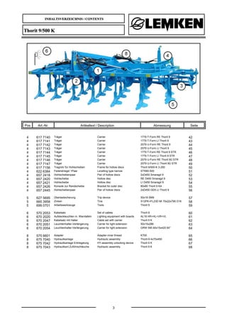INHALTSVERZEICHNIS / CONTENTS
3
Thorit 9/500 K
Pos Art.-Nr. Artikeltext / Description Abmessung Seite
4 617 7140 Träger Carrier 1779 T-Form RE Thorit 9 42
4 617 7141 Träger Carrier 1779 T-Form LI Thorit 9 43
4 617 7142 Träger Carrier 2079 U-Form RE Thorit 9 44
4 617 7143 Träger Carrier 2079 U-Form LI Thorit 9 45
4 617 7144 Träger Carrier 1779 T-Form RE Thorit 9 STR 46
4 617 7145 Träger Carrier 1779 T-Form LI Thorit 9 STR 47
4 617 7146 Träger Carrier 2079 U-Form RE Thorit 9Ü STR 48
4 617 7147 Träger Carrier 2079 U-Form LI Thorit 9Ü STR 49
4 617 7156 Tragrohr für Hohlscheiben Frame for hollow discs Thorit 9/500-K 3-250 50
4 622 6384 Federstriegel 1Paar Levelling type harrow STR80-500 51
4 657 2418 Hohlscheibenpaar Pair of hollow discs 2xD450 Smaragd 9 52
4 657 2420 Hohlscheibe Hollow disc RE D450 Smaragd 9 53
4 657 2421 Hohlscheibe Hollow disc LI D450 Smaragd 9 54
4 657 2426 Konsole zur Randscheibe Bracket for outer disc 80x80 Thorit 9 KA 55
4 657 2445 Hohlscheibenpaar Pair of hollow discs 2xD450 GEK-LI Thorit 9 56
5 627 5695 Überlastsicherung Trip device 50x18 SM9 57
5 665 3958 Zinken Tine S12PK+FL23D MI 70x22x795 D16 58
5 699 0701 Arbeitswerkzeuge Tools Thorit 9 59
6 570 2053 Kabelsatz Set of cables Thorit 8 60
6 670 2020 Aufsteckleuchten m. Warntafeln Lighting equipment with boards AL18 HR+HL+VR+VL 61
6 670 2047 Kabelsatz mit Halter Cable set with carrier Thorit 9 K 62
6 670 2051 Leuchtenhalter-Verlängerung Carrier for light extension 50x15x286 63
6 670 2054 Leuchtenhalter-Verlängerung Carrier for light extension GRW 590 60x15x420 60° 64
8 575 6601 Adapter Adapter-inner thread K700 65
8 675 7040 Hydraulikanlage Hydraulic assembly Thorit-9 4x70x450 66
8 675 7042 Hydraulikanlage Entriegelung HY-assembly unlocking device Thorit 9 K 67
8 675 7043 Hydraulikanl.Zuführschläuche Hydraulic assembly Thorit 9 K 68
 