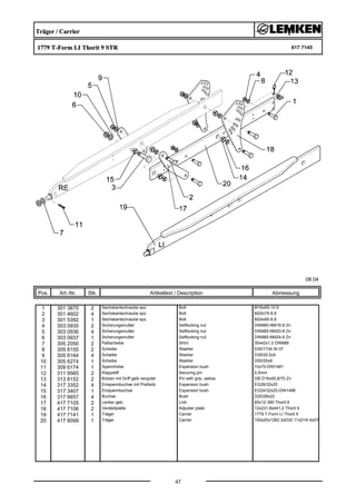 Träger / Carrier
1779 T-Form LI Thorit 9 STR 617 7145
08.04
Pos. Art.-Nr. Stk. Artikeltext / Description
47
Abmessung
1 301 3870 2 Sechskantschraube spz. Bolt M16x65-10.9
2 301 4602 4 Sechskantschraube spz. Bolt M20x75-8.8
3 301 5392 1 Sechskantschraube spz. Bolt M24x85-8.8
4 303 0935 2 Sicherungsmutter Selflocking nut DIN985-NM16-8 Zn
5 303 0936 4 Sicherungsmutter Selflocking nut DIN985-NM20-8 Zn
6 303 0937 1 Sicherungsmutter Selflocking nut DIN985-NM24-8 Zn
7 305 2050 2 Paßscheibe Shim 30x42x1,0 DIN988
8 305 6155 2 Scheibe Washer D30/17x6 St-37
9 305 6164 4 Scheibe Washer D35/20,5x5
10 305 6274 1 Scheibe Washer D50/25x8
11 309 6174 1 Spannhülse Expansion bush 10x70-DIN1481
12 311 9565 2 Klappstift Securing pin 4,5mm
13 313 8152 2 Bolzen mit Griff gelb vergütet Pin with grip, yellow GB D16x50,8/70 Zn
14 317 3352 4 Einspannbuchse mit Preßsitz Expansion bush EG28/32x20
15 317 3407 1 Einspannbuchse Expansion bush EG24/32x20-DIN1498
16 317 6657 4 Buchse Bush D20/28x22
17 417 7105 2 Lenker geb. Link 60x12-380 Thorit 9
18 417 7106 2 Verstellplatte Adjuster plate 12x231,8x441,2 Thorit 9
19 417 7141 1 Träger Carrier 1779 T-Form LI Thorit 9
20 417 8099 1 Träger Carrier 100x20x1282 2xD32 11xD16 4xD7
 