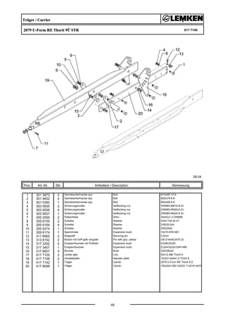 Träger / Carrier
2079 U-Form RE Thorit 9Ü STR 617 7146
08.04
Pos. Art.-Nr. Stk. Artikeltext / Description
48
Abmessung
1 301 3870 2 Sechskantschraube spz. Bolt M16x65-10.9
2 301 4602 4 Sechskantschraube spz. Bolt M20x75-8.8
3 301 5392 1 Sechskantschraube spz. Bolt M24x85-8.8
4 303 0935 2 Sicherungsmutter Selflocking nut DIN985-NM16-8 Zn
5 303 0936 4 Sicherungsmutter Selflocking nut DIN985-NM20-8 Zn
6 303 0937 1 Sicherungsmutter Selflocking nut DIN985-NM24-8 Zn
7 305 2050 2 Paßscheibe Shim 30x42x1,0 DIN988
8 305 6155 2 Scheibe Washer D30/17x6 St-37
9 305 6164 4 Scheibe Washer D35/20,5x5
10 305 6274 1 Scheibe Washer D50/25x8
11 309 6174 1 Spannhülse Expansion bush 10x70-DIN1481
12 311 9565 2 Klappstift Securing pin 4,5mm
13 313 8152 2 Bolzen mit Griff gelb vergütet Pin with grip, yellow GB D16x50,8/70 Zn
14 317 3352 4 Einspannbuchse mit Preßsitz Expansion bush EG28/32x20
15 317 3407 1 Einspannbuchse Expansion bush EG24/32x20-DIN1498
16 317 6657 4 Buchse Bush D20/28x22
17 417 7105 2 Lenker geb. Link 60x12-380 Thorit 9
18 417 7106 2 Verstellplatte Adjuster plate 12x231,8x441,2 Thorit 9
19 417 7142 1 Träger Carrier 2079 U-Form RE Thorit 9 Ü
20 417 8099 1 Träger Carrier 100x20x1282 2xD32 11xD16 4xD7
 