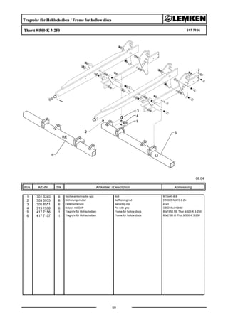 Tragrohr für Hohlscheiben / Frame for hollow discs
Thorit 9/500-K 3-250 617 7156
08.04
Pos. Art.-Nr. Stk. Artikeltext / Description
50
Abmessung
1 301 3240 6 Sechskantschraube spz. Bolt M10x45-8.8
2 303 0933 6 Sicherungsmutter Selflocking nut DIN985-NM10-8 Zn
3 305 8551 6 Federsicherung Securing clip 41x3
4 313 1530 6 Bolzen mit Griff Pin with grip GB D15x41,8/60
5 417 7156 1 Tragrohr für Hohlscheiben Frame for hollow discs 80x1950 RE Thor.9/500-K 3-250
6 417 7157 1 Tragrohr für Hohlscheiben Frame for hollow discs 80x2180 LI Thor.9/500-K 3-250
 