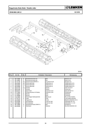 Doppelwalze Rohr-Rohr / Double roller
D540/400-3.00 LI 622 6859
08.04
Pos. Art.-Nr. Stk. Artikeltext / Description
38
Abmessung
1 301 5360 8 Sechskantschraube spz. Bolt M16x70-12.9
2 301 4602 2 Sechskantschraube spz. Bolt M20x75-8.8
3 301 6130 16 Senkschraube DIN7991-A Countersunk bolt M12x40-10.9
4 303 0934 16 Sicherungsmutter Selflocking nut DIN985-NM12-8 Zn
5 303 0935 12 Sicherungsmutter Selflocking nut DIN985-NM16-8 Zn
6 303 0936 2 Sicherungsmutter Selflocking nut DIN985-NM20-8 Zn
7 305 6155 10 Scheibe Washer D30/17x6 St-37
8 305 6164 2 Scheibe Washer D35/20,5x5
9 309 6072 4 Spannhülse Expansion bush 8x40-DIN1481 Zn
10 317 3352 2 Einspannbuchse mit Preßsitz Expansion bush EG28/32x20
11 317 6657 8 Buchse Bush D20/28x22
12 317 6658 2 Buchse Bush D16/22x22
13 319 9365 4 Flanschlager-Gehäuseeinheit Bearing cpl. RCJ 35 35x118x39,9
14 417 8112 4 Platte Plate 12x510x806 D540/400
15 422 6859 1 Tragrahmen Frame 80x2910 D540/400-3.00 LI
16 423 0938 1 Rohrstabwalze Tube bar roller D540x2954 RE 3.00
17 423 0963 1 Rohrstabwalze Tube bar roller D400x2954-V LI 3.00
18 301 3959 4 Sechskantschraube DIN931-A Bolt M16x85-8.8
19 422 6639 1 Stabilisator Stabilizer 80x1654 D540/400-3.00
 
