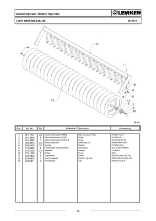 Gummiringwalze / Rubber ring roller
GRW D590-300-24R-125 622 6873
08.04
Pos. Art.-Nr. Stk. Artikeltext / Description
39
Abmessung
1 301 1701 23 Flachrundschraube DIN603 Bolt, cup square head M10x20-4.6 Zn
3 301 3348 9 Sechskantschraube DIN933 Screw M12x40-8.8
4 301 3382 1 Sechskantschraube DIN933-A Screw M12LHx50-8.8 Zn
5 303 0933 23 Sicherungsmutter Selflocking nut DIN985-NM10-8 Zn
6 305 6132 23 Scheibe Washer D11/25x2,5 Zn
8 319 9372 2 Flanschlager-Gehäuseeinheit Bearing cpl. RCJ 35 35x118x39,9
9 349 2009 23 Abstreifer Scraper 72x3x90 P
10 375 1278 2 O-Ring O-ring 80x2
11 422 6873 1 Tragrahmen Frame 90 GRW D590-300-125
12 523 6872 1 Gummiringwalze Rubber ring roller GRW D590-300-24R-125
13 323 0411 2 Schutzkappe Cap D80/d35 t=2x5,5
 