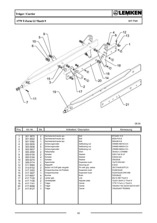 Träger / Carrier
1779 T-Form LI Thorit 9 617 7141
08.04
Pos. Art.-Nr. Stk. Artikeltext / Description
42
Abmessung
1 301 3870 2 Sechskantschraube spz. Bolt M16x65-10.9
2 301 4602 4 Sechskantschraube spz. Bolt M20x75-8.8
3 301 5392 1 Sechskantschraube spz. Bolt M24x85-8.8
4 303 0935 2 Sicherungsmutter Selflocking nut DIN985-NM16-8 Zn
5 303 0936 4 Sicherungsmutter Selflocking nut DIN985-NM20-8 Zn
6 303 0937 1 Sicherungsmutter Selflocking nut DIN985-NM24-8 Zn
7 305 2050 2 Paßscheibe Shim 30x42x1,0 DIN988
8 305 6155 2 Scheibe Washer D30/17x6 St-37
9 305 6164 4 Scheibe Washer D35/20,5x5
10 305 6274 1 Scheibe Washer D50/25x8
11 309 6174 1 Spannhülse Expansion bush 10x70-DIN1481
12 311 9565 2 Klappstift Securing pin 4,5mm
13 313 8152 2 Bolzen mit Griff gelb vergütet Pin with grip, yellow GB D16x50,8/70 Zn
14 317 3352 4 Einspannbuchse mit Preßsitz Expansion bush EG28/32x20
15 317 3407 1 Einspannbuchse Expansion bush EG24/32x20-DIN1498
16 317 6657 4 Buchse Bush D20/28x22
17 417 7105 2 Lenker geb. Link 60x12-380 Thorit 9
18 417 7106 2 Verstellplatte Adjuster plate 12x231,8x441,2 Thorit 9
19 417 7141 1 Träger Carrier 1779 T-Form LI Thorit 9
20 417 8098 1 Träger Carrier 100x20x1162 2xD32 6xD16 4xD7
21 417 8127 1 Träger Carrier 100x20x937 RSW600
 