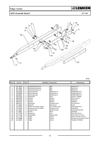 Träger / Carrier
2079 U-Form RE Thorit 9 617 7142
08.04
Pos. Art.-Nr. Stk. Artikeltext / Description
43
Abmessung
1 301 3870 2 Sechskantschraube spz. Bolt M16x65-10.9
2 301 4602 4 Sechskantschraube spz. Bolt M20x75-8.8
3 301 5392 1 Sechskantschraube spz. Bolt M24x85-8.8
4 303 0935 2 Sicherungsmutter Selflocking nut DIN985-NM16-8 Zn
5 303 0936 4 Sicherungsmutter Selflocking nut DIN985-NM20-8 Zn
6 303 0937 1 Sicherungsmutter Selflocking nut DIN985-NM24-8 Zn
7 305 2050 2 Paßscheibe Shim 30x42x1,0 DIN988
8 305 6155 2 Scheibe Washer D30/17x6 St-37
9 305 6164 4 Scheibe Washer D35/20,5x5
10 305 6274 1 Scheibe Washer D50/25x8
11 309 6174 1 Spannhülse Expansion bush 10x70-DIN1481
12 311 9565 2 Klappstift Securing pin 4,5mm
13 313 8152 2 Bolzen mit Griff gelb vergütet Pin with grip, yellow GB D16x50,8/70 Zn
14 317 3352 4 Einspannbuchse mit Preßsitz Expansion bush EG28/32x20
15 317 3407 1 Einspannbuchse Expansion bush EG24/32x20-DIN1498
16 317 6657 4 Buchse Bush D20/28x22
17 417 7105 2 Lenker geb. Link 60x12-380 Thorit 9
18 417 7106 2 Verstellplatte Adjuster plate 12x231,8x441,2 Thorit 9
19 417 7142 1 Träger Carrier 2079 U-Form RE Thorit 9 Ü
20 417 8098 1 Träger Carrier 100x20x1162 2xD32 6xD16 4xD7
21 417 8127 1 Träger Carrier 100x20x937 RSW600
 