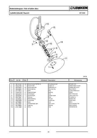 Hohlscheibenpaar / Pair of hollow discs
2xD450 GEK-RE Thorit 8 657 2444
08.04
Pos. Art.-Nr. Stk. Artikeltext / Description
55
Abmessung
1 301 6123 12 Senkschraube DIN7991-A Countersunk bolt M10x30-10.9
2 303 0193 1 Kronenmutter Castle nut DIN937-M24x1,5-22H
3 303 0933 12 Sicherungsmutter Selflocking nut DIN985-NM10-8 Zn
4 305 8924 2 Sicherungsring Securing ring 62x2 DIN472
5 311 7613 1 Splint Peg 3,2x40 DIN94-St Zn
6 319 9116 2 Kegelrollenlager Bearing 30206.
7 323 0410 2 Schutzkappe Cap D81/77/40x18x2
8 323 6345 1 Schmiernippel Grease nipple LAM 6 DIN71412
9 323 7641 1 Dichtung Seal D120/65x1,6
10 323 8032 2 Wellendichtring Oil seal 40x55x7 BA
11 349 0458 2 Hohlscheibe Hollow disc D450/100x5
12 447 8882 1 Nabe Hub 668 A
13 457 2444 1 Scheibenträger gekr. Disc carrier 50x18 2xD450-TH8
14 547 8883 2 Lagerung Bearing 668A 2x30206
15 215 1636 2 Achse Axle D50/40/30x128
 