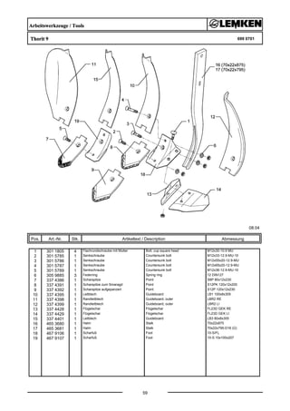 Arbeitswerkzeuge / Tools
Thorit 9 699 0701
08.04
Pos. Art.-Nr. Stk. Artikeltext / Description
59
Abmessung
1 301 1805 4 Flachrundschraube mit Mutter Bolt, cup square head M12x30-10.9 MU
2 301 5785 1 Senkschraube Countersunk bolt M12x33-12.9-MU-10
3 301 5786 1 Senkschraube Countersunk bolt M12x55x20-12.9-MU
4 301 5787 1 Senkschraube Countersunk bolt M12x65x20-12.9-MU
5 301 5789 1 Senkschraube Countersunk bolt M12x36-12.9-MU-10
6 305 9885 3 Federring Spring ring 12 DIN127
7 337 4386 1 Scharspitze Point S8P 80x12x230
8 337 4391 1 Scharspitze zum Smaragd Point S12PK 120x12x200
9 337 4392 1 Scharspitze aufgepanzert Point S12P 120x12x230
10 337 4395 1 Leitblech Guideboard LB1 100x8x305
11 337 4398 1 Randleitblech Guideboard, outer LBR2 RE
12 337 4399 1 Randleitblech Guideboard, outer LBR2 LI
13 337 4428 1 Flügelschar Flügelschar FL23D GEK RE
14 337 4429 1 Flügelschar Flügelschar FL23D GEK LI
15 337 4401 1 Leitblech Guideboard LB3 80x8x305
16 465 3680 1 Halm Stalk 70x22x875
17 465 3681 1 Halm Stalk 70x22x795-D16 (Ü)
18 467 9106 1 Scharfuß Foot 10-S/FL
19 467 9107 1 Scharfuß Foot 10-S 10x100x207
 