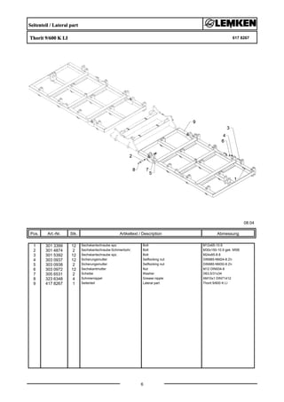 Seitenteil / Lateral part
Thorit 9/600 K LI 617 8267
08.04
Pos. Art.-Nr. Stk. Artikeltext / Description
6
Abmessung
1 301 3399 12 Sechskantschraube spz. Bolt M12x65-10.9
2 301 4874 2 Sechskantschraube-Schmierbohr. Bolt M30x150-10.9 gek. MSB
3 301 5392 12 Sechskantschraube spz. Bolt M24x85-8.8
4 303 0937 12 Sicherungsmutter Selflocking nut DIN985-NM24-8 Zn
5 303 0938 2 Sicherungsmutter Selflocking nut DIN985-NM30-8 Zn
6 303 0972 12 Sechskantmutter Nut M12 DIN934-8
7 305 6531 2 Scheibe Washer D63,5/31x34
8 323 6348 4 Schmiernippel Grease nipple AM10x1 DIN71412
9 417 8267 1 Seitenteil Lateral part Thorit 9/600 K LI
 