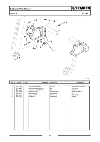 Radkonsole / Wheel bracket
90/70x30 647 7482
11.04
Pos. Art.-Nr. Stk. Artikeltext / Description
19
Abmessung
1 301 0860 2 Augenschraube DIN444 Eye bolt BM16x150-8.8 D2=16,1 Zn
2 301 3903 4 Sechskantschraube DIN931-A Bolt M16x75-8.8
3 301 4085 2 Sechskantschraube DIN931-A Bolt M16x150-8.8 Zn
4 303 0935 8 Sicherungsmutter Selflocking nut DIN985-NM16-8 Zn
5 305 8551 1 Federsicherung Securing clip 41x3
6 313 8143 1 Bolzen mit Griff Pin with grip GB D16x77/90
7 447 7482 1 Halmführung Stalk guiding 90 70x30
 