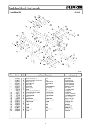 Grundrahmen Fahrwerk / Basic frame trailer
CombiLiner 300 650 8565
11.04
Pos. Art.-Nr. Stk. Artikeltext / Description
22
Abmessung
1 301 4602 10 Sechskantschraube spz. Bolt M20x75-8.8
2 301 4637 8 Sechskantschraube-Schmierbohr. Bolt M24x85-8.8 MSB
3 303 0936 10 Sicherungsmutter Selflocking nut DIN985-NM20-8 Zn
4 303 0937 8 Sicherungsmutter Selflocking nut DIN985-NM24-8 Zn
5 305 2150 2 Paßscheibe Shim 50x62x1,0 DIN988
6 305 2255 12 Stützscheibe Supporting washer S 50x62x3 DIN988
7 305 8877 2 Sicherungsring Securing ring 50x3 DIN471
8 313 5039 2 Bolzen Pin FN D50x201/222,5
9 317 3345 4 Einspannbuchse mit Preßsitz Expansion bush EG25/29x25
10 317 3412 8 Einspannbuchse mit Preßsitz Expansion bush EG24/32x22
11 317 3416 1 Einspannbuchse Expansion bush EG30/38x14-DIN1498
12 317 3434 4 Einspannbuchse Expansion bush EG50/60x40-DIN1498
13 317 6832 6 Röhrchen Tube 30,0x4,5x22,5 +0,2
14 323 6348 8 Schmiernippel Grease nipple AM10x1 DIN71412
15 450 8565 1 Grundrahmen Fahrwerk Basic frame trailer CombiLiner 300
16 450 8574 1 Tragrohr 90x90 Frame CombiLiner 300
17 450 8578 2 Lenker Link 80x14x609
18 450 8579 2 Lenker Link 80x14x609
19 450 8580 1 Lenker Link 80x14x785 RE
20 450 8581 1 Lenker Link 80x14x785 LI
21 450 8583 2 Zylinderhalter Carrier for ram 22x170,5x314,5
22 450 8585 2 Lenker Link 14x80x785
 