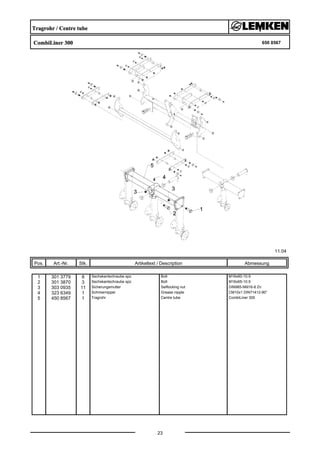 Tragrohr / Centre tube
CombiLiner 300 650 8567
11.04
Pos. Art.-Nr. Stk. Artikeltext / Description
23
Abmessung
1 301 3779 8 Sechskantschraube spz. Bolt M16x60-10.9
2 301 3870 3 Sechskantschraube spz. Bolt M16x65-10.9
3 303 0935 11 Sicherungsmutter Selflocking nut DIN985-NM16-8 Zn
4 323 6349 1 Schmiernippel Grease nipple CM10x1 DIN71412-90°
5 450 8567 1 Tragrohr Centre tube CombiLiner 300
 