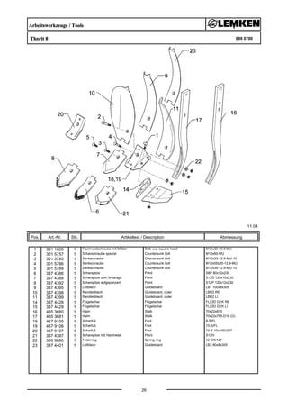 Arbeitswerkzeuge / Tools
Thorit 8 699 0700
11.04
Pos. Art.-Nr. Stk. Artikeltext / Description
26
Abmessung
1 301 1805 1 Flachrundschraube mit Mutter Bolt, cup square head M12x30-10.9 MU
2 301 5757 1 Scharschraube spezial Countersunk bolt M12x60-MU
3 301 5785 1 Senkschraube Countersunk bolt M12x33-12.9-MU-10
4 301 5786 1 Senkschraube Countersunk bolt M12x55x20-12.9-MU
5 301 5789 1 Senkschraube Countersunk bolt M12x36-12.9-MU-10
6 337 4386 1 Scharspitze Point S8P 80x12x230
7 337 4388 1 Scharspitze zum Smaragd Point S12D 120x10x230
8 337 4392 1 Scharspitze aufgepanzert Point S12P 120x12x230
9 337 4395 1 Leitblech Guideboard LB1 100x8x305
10 337 4398 1 Randleitblech Guideboard, outer LBR2 RE
11 337 4399 1 Randleitblech Guideboard, outer LBR2 LI
14 337 4428 1 Flügelschar Flügelschar FL23D GEK RE
15 337 4429 1 Flügelschar Flügelschar FL23D GEK LI
16 465 3680 1 Halm Stalk 70x22x875
17 465 3681 1 Halm Stalk 70x22x795-D16 (Ü)
18 467 9105 1 Scharfuß Foot 8-S/FL
19 467 9106 1 Scharfuß Foot 10-S/FL
20 467 9107 1 Scharfuß Foot 10-S 10x100x207
21 337 4387 1 Scharspitze mit Hartmetall Point S12H
22 305 9885 1 Federring Spring ring 12 DIN127
23 337 4401 1 Leitblech Guideboard LB3 80x8x305
 