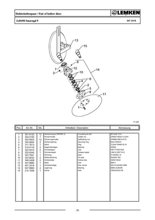 Hohlscheibenpaar / Pair of hollow discs
2xD450 Smaragd 9 657 2418
11.04
Pos. Art.-Nr. Stk. Artikeltext / Description
29
Abmessung
1 301 6123 12 Senkschraube DIN7991-A Countersunk bolt M10x30-10.9
2 303 0193 1 Kronenmutter Castle nut DIN937-M24x1,5-22H
3 303 0933 12 Sicherungsmutter Selflocking nut DIN985-NM10-8 Zn
4 305 8924 2 Sicherungsring Securing ring 62x2 DIN472
5 311 7613 1 Splint Peg 3,2x40 DIN94-St Zn
6 319 9116 2 Kegelrollenlager Bearing 30206.
7 323 0410 2 Schutzkappe Cap D81/77/40x18x2
8 323 6345 1 Schmiernippel Grease nipple LAM 6 DIN71412
9 323 7641 1 Dichtung Seal D120/65x1,6
10 323 8032 2 Wellendichtring Oil seal 40x55x7 BA
11 349 0458 2 Hohlscheibe Hollow disc D450/100x5
12 447 8882 1 Nabe Hub 668 A
13 457 2418 1 Scheibenträger Disc carrier 50x18 2xD450-SM9
14 547 8883 2 Lagerung Bearing 668A 2x30206
15 215 1636 1 Achse Axle D50/40/30x128
 