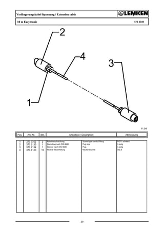 Verlängerungskabel Spannung / Extension cable
10 m Easytronic 573 6340
11.04
Pos. Art.-Nr. Stk. Artikeltext / Description
39
Abmessung
1 373 0762 2 Kabelverschraubung Screw-type conduit fitting PG11 schwarz
2 373 2133 1 Steckdose nach DIN 9680 Plug box 3-polig
3 373 2134 1 Stecker nach DIN 9680 Plug 3-polig
4 373 4120 10 Neutral Steuerleitung Neutral trip line 3x2,5
 