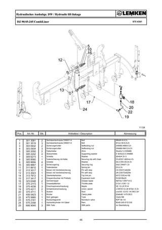 Hydraulisches Aushubge. DW / Hydraulic lift linkage
DZ 90/45-245 CombiLiner 675 4341
11.04
Pos. Art.-Nr. Stk. Artikeltext / Description
46
Abmessung
1 301 3081 2 Sechskantschraube DIN931-A Bolt M8x60-8.8 Zn
2 301 3519 3 Sechskantschraube DIN931-A Bolt M12x130-8.8 Zn
3 303 0932 2 Sicherungsmutter Selflocking nut DIN985-NM8-8 Zn
4 303 0934 3 Sicherungsmutter Selflocking nut DIN985-NM12-8 Zn
5 305 2050 2 Paßscheibe Shim 30x42x1,0 DIN988
6 305 2242 4 Stützscheibe Supporting washer S 30/42x2,5 DIN988
7 305 6273 1 Scheibe Washer 26/40/4 Zn-V
8 305 8560 1 Federsicherung mit Kette Securing clip with chain D3,6/D21-460mm-Zn
9 305 8694 4 Scheibe Washer A8,4 DIN125-St Zn
10 305 8867 2 Sicherungsring Securing ring 30x2 DIN471 Zn
11 311 8610 1 Federstecker Spring pin D3,6 Zn
12 313 3017 1 Bolzen mit Verdrehsicherung Pin with stop LN D30/31x62/84
13 313 3023 1 Bolzen mit Verdrehsicherung Pin with stop UN D30/72x62/84
14 313 7812 1 Oberlenkerbolzen Top link pin KAT2 D25,4x156
15 317 3417 1 Einspannbuchse mit Preßsitz Expansion bush EG30/38x25
16 323 6348 2 Schmiernippel Grease nipple AM10x1 DIN71412
17 375 2173 1 Drosselplättchen Throttle plate D12x1,5 BO 1,5
18 375 4038 3 Einschraubverschraubung Nipple GE 12-LR R1/4
19 375 4311 2 Schwenkverschraubung Union, swivel x-SWVE12-LM M18x1,5 Zn
20 375 4711 1 Stutzen Stud x-evGE-12-ED 1/4 DKO 24°
21 459 0923 1 Brücke Clamp plate 20x6x90 1x70-D8,5
22 475 9985 1 Rohr gebogen Tube 12x2x188
23 575 2161 1 Rückschlagventil Nonreturn valve RDP 06 1/4
24 575 2358 1 Hydraulikzylinder mit Gabel Ram 90/40-245-515-D30
25 699 9040 3 SBK-Teile SBK-parts zur Bearbeitung
 