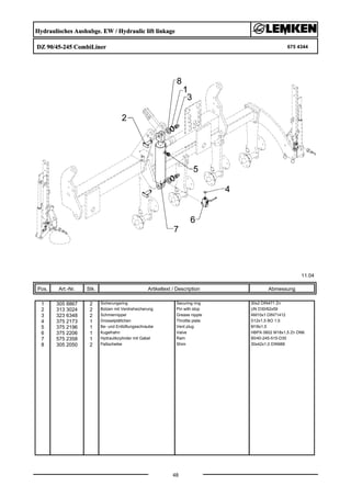 Hydraulisches Aushubge. EW / Hydraulic lift linkage
DZ 90/45-245 CombiLiner 675 4344
11.04
Pos. Art.-Nr. Stk. Artikeltext / Description
48
Abmessung
1 305 8867 2 Sicherungsring Securing ring 30x2 DIN471 Zn
2 313 3024 2 Bolzen mit Verdrehsicherung Pin with stop UN D30/62x59
3 323 6348 2 Schmiernippel Grease nipple AM10x1 DIN71412
4 375 2173 1 Drosselplättchen Throttle plate D12x1,5 BO 1,5
5 375 2196 1 Be- und Entlüftungsschraube Vent plug M18x1,5
6 375 2206 1 Kugelhahn Valve HBPA 0602 M18x1,5 Zn DN6
7 575 2358 1 Hydraulikzylinder mit Gabel Ram 90/40-245-515-D30
8 305 2050 2 Paßscheibe Shim 30x42x1,0 DIN988
 