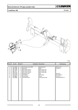 Hyd.Leit.Fahrwerk / HY-pipe assembly trailer
CombiLiner 300 675 4345
11.04
Pos. Art.-Nr. Stk. Artikeltext / Description
49
Abmessung
1 301 0302 4 Flachkopfschraube DIN85 Flatheaded bolt M6x25-4,6 Zn
2 325 1350 2 Spannband Strap 6,3x254 VA
3 325 1502 2 EASY-READ Zeichen EASY-READ sign 2
4 325 1511 1 EASY-READ Zeichen EASY-READ sign P
5 325 1512 1 EASY-READ Zeichen EASY-READ sign T
6 375 2120 2 Staubkappe, grün Cap D26,5 Bg.3
7 375 2718 2 SVK-Stecker SVK-socket NW10-M18x1,5
8 375 9961 4 Schellenkörper Clamp 1/2x215 PP
9 475 2492 2 Hydraulikschlauch High-pressure hose 2SC08-6900-DKOL12
 