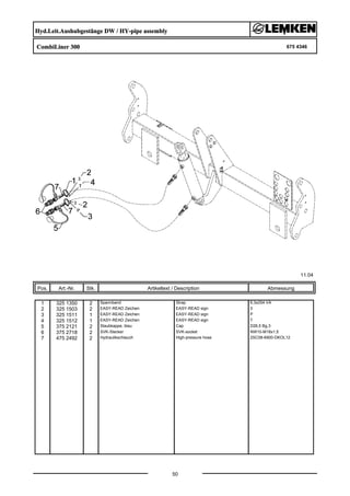 Hyd.Leit.Aushubgestänge DW / HY-pipe assembly
CombiLiner 300 675 4346
11.04
Pos. Art.-Nr. Stk. Artikeltext / Description
50
Abmessung
1 325 1350 2 Spannband Strap 6,3x254 VA
2 325 1503 2 EASY-READ Zeichen EASY-READ sign 3
3 325 1511 1 EASY-READ Zeichen EASY-READ sign P
4 325 1512 1 EASY-READ Zeichen EASY-READ sign T
5 375 2121 2 Staubkappe, blau Cap D26,5 Bg.3
6 375 2718 2 SVK-Stecker SVK-socket NW10-M18x1,5
7 475 2492 2 Hydraulikschlauch High-pressure hose 2SC08-6900-DKOL12
 