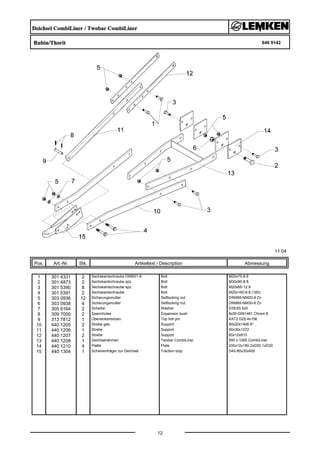 Deichsel CombiLiner / Twobar CombiLiner
Rubin/Thorit 640 9142
11.04
Pos. Art.-Nr. Stk. Artikeltext / Description
12
Abmessung
1 301 4331 2 Sechskantschraube DIN931-A Bolt M20x75-8.8
2 301 4873 2 Sechskantschraube spz. Bolt M30x90-8.8
3 301 5390 8 Sechskantschraube spz. Bolt M20x65-12.9
4 301 5391 2 Sechskantschraube Bolt M20x160-8.8 (180)
5 303 0936 12 Sicherungsmutter Selflocking nut DIN985-NM20-8 Zn
6 303 0938 4 Sicherungsmutter Selflocking nut DIN985-NM30-8 Zn
7 305 6164 2 Scheibe Washer D35/20,5x5
8 309 7000 2 Spannhülse Expansion bush 8x50-DIN1481 Chrom 8
9 313 7812 1 Oberlenkerbolzen Top link pin KAT2 D25,4x156
10 440 1205 2 Strebe geb. Support 80x20x1406 9°
11 440 1206 1 Strebe Support 60x30x1272
12 440 1207 2 Strebe Support 60x12x810
13 440 1208 1 Deichselrahmen Twobar CombiLiner 550 x 1000 CombiLiner
14 440 1210 4 Platte Plate 200x12x180 2xD20 1xD30
15 440 1304 1 Schienenträger zur Deichsel Traction loop D40-80x35x400
 