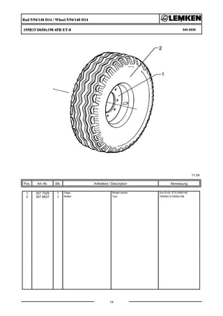 Rad 5/94/140 D14 / Wheel 5/94/140 D14
195R15 D650x198 4PR ET-0 549 8858
11.04
Pos. Art.-Nr. Stk. Artikeltext / Description
14
Abmessung
1 357 7029 1 Felge Wheel centre 5Jx15 H2 ET0 5/94/140
2 357 8837 1 Reifen Tyre 195/65x15 D650x198
 