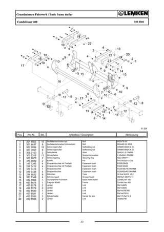 Grundrahmen Fahrwerk / Basic frame trailer
CombiLiner 400 650 8566
11.04
Pos. Art.-Nr. Stk. Artikeltext / Description
23
Abmessung
1 301 4602 10 Sechskantschraube spz. Bolt M20x75-8.8
2 301 4637 8 Sechskantschraube-Schmierbohr. Bolt M24x85-8.8 MSB
3 303 0936 10 Sicherungsmutter Selflocking nut DIN985-NM20-8 Zn
4 303 0937 8 Sicherungsmutter Selflocking nut DIN985-NM24-8 Zn
5 305 2150 2 Paßscheibe Shim 50x62x1,0 DIN988
6 305 2255 12 Stützscheibe Supporting washer S 50x62x3 DIN988
7 305 8877 2 Sicherungsring Securing ring 50x3 DIN471
8 313 5039 2 Bolzen Pin FN D50x201/222,5
9 317 3345 4 Einspannbuchse mit Preßsitz Expansion bush EG25/29x25
10 317 3412 4 Einspannbuchse mit Preßsitz Expansion bush EG24/32x22
11 317 3416 1 Einspannbuchse Expansion bush EG30/38x14-DIN1498
12 317 3434 4 Einspannbuchse Expansion bush EG50/60x40-DIN1498
13 317 6832 6 Röhrchen Tube 30,0x4,5x22,5 +0,2
14 323 6348 4 Schmiernippel Grease nipple AM10x1 DIN71412
15 450 8566 1 Grundrahmen Fahrwerk Basic frame trailer CombiLiner 400
16 450 8575 1 Tragrohr 90x90 Frame CombiLiner 400
17 450 8578 2 Lenker Link 80x14x609
18 450 8579 2 Lenker Link 80x14x609
19 450 8580 1 Lenker Link 80x14x785 RE
20 450 8581 1 Lenker Link 80x14x785 LI
21 450 8583 2 Zylinderhalter Carrier for ram 22x170,5x314,5
22 450 8585 2 Lenker Link 14x80x785
 