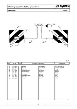 Beleuchtungsanlage hinten / Lighting equipment, rear
Aufsattelung 570 2007
11.04
Pos. Art.-Nr. Stk. Artikeltext / Description
38
Abmessung
1 321 9934 1 Warntafel Warning board RE 423x423 DIN11030
2 321 9935 1 Warntafel Warning board LI 423x423 DIN11030
3 373 2124 1 Stecker Alu Plug 7-polig
4 373 3130 1 Rückleuchte rechts Rear light, RH BBS95R
5 373 3131 1 Rückleuchte links Rear light, LH BBSK95L
6 373 3526 1 Lichtscheibe Light glas RE E95
7 373 3527 1 Lichtscheibe Light glas LI EK95
8 373 3801 2 Schutzhaube hinten Rear cover SH95
9 373 4136 3 Kabel gelb Cable, yellow 4x0,75
10 373 4137 3 Kabel grün Cable, green 4x0,75
 