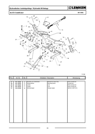 Hydraulisches Aushubgestänge / Hydraulic lift linkage
KAT2 CombiLiner 661 8502
11.04
Pos. Art.-Nr. Stk. Artikeltext / Description
44
Abmessung
27 461 8506 2 Konsole zum Unterlenker Bracket for lower links AHG CombiLiner
28 461 8509 2 Anbaurahmen Mounting frame CombiLiner
29 461 8528 2 Lenker Link AHG CombiLiner
30 461 8529 1 Lenker Link AHG CombiLiner
31 323 6348 6 Schmiernippel Grease nipple AM10x1 DIN71412
 