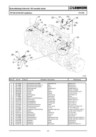 Hydraulikanlage Fahrwerk / HY-assembly chassis
FW DZ 63/30-245 CombiLiner 675 4340
11.04
Pos. Art.-Nr. Stk. Artikeltext / Description
45
Abmessung
1 301 0306 4 Flachkopfschraube DIN85 Flatheaded bolt M6x45-4,6 Zn
2 301 2998 2 Sechskantschraube DIN931-A Bolt M5x40-8.8 Zn
3 301 7334 2 Sechskantschraube DIN933 Screw M12x35-8.8 Zn
4 303 0929 2 Sicherungsmutter Selflocking nut DIN985-NM5-8 Zn
5 305 2040 2 Paßscheibe Shim 25x35x1,0 DIN988
6 305 6108 4 Scheibe Washer 5,5/10x0,8 DIN1441-St Zn
7 305 8582 2 Scheibe Washer 13/32x1,25 St-Zn
8 305 8861 2 Sicherungsring Securing ring 25x2 DIN471 Zn
9 311 9565 2 Klappstift Securing pin 4,5mm
10 313 2545 2 Bolzen mit Verdrehsicherung Pin with stop UN D25/59/70 Zn
11 323 6348 2 Schmiernippel Grease nipple AM10x1 DIN71412
12 375 2172 2 Drosselplättchen Throttle plate D12x1,5 BO 1,0
13 375 2173 2 Drosselplättchen Throttle plate D12x1,5 BO 1,5
14 375 4038 6 Einschraubverschraubung Nipple GE 12-LR R1/4
15 375 4311 4 Schwenkverschraubung Union, swivel x-SWVE12-LM M18x1,5 Zn
16 375 4480 2 T-Verschraubung T-union x-T12-L M18x1,5 Zn
17 375 4500 4 Einstellbare W-Verschraubung Adjustable angle union x-evW12-LM DKO24° M18x1,5
18 375 4711 2 Stutzen Stud x-evGE-12-ED 1/4 DKO 24°
19 375 5110 4 Schneidring Cutting ring 12-L/S Zn WD
20 375 5310 4 Überwurfmutter Union nut 12L M18x1,5 Zn
21 375 9960 8 Schellenkörper Clamp 1/2x112A PP
22 475 3044 2 Hydraulikschlauch High-pressure hose MTH06-1000 DKOL12/DKOL12
23 475 3046 2 Hydraulikschlauch High-pressure hose MTH06-1250 DKOL12/DKOL12
24 475 6108 2 Rasthebel I Holder 20x36,5x257,5
25 475 6109 2 Rasthebel II Holder 20x36,5x257,5
26 475 6110 4 Raststange Round steel D20x237 M12-SW17 Zn
 