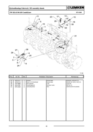 Hydraulikanlage Fahrwerk / HY-assembly chassis
FW DZ 63/30-245 CombiLiner 675 4340
11.04
Pos. Art.-Nr. Stk. Artikeltext / Description
46
Abmessung
27 475 6111 2 Vierkant Square-steel 40x40x40 1xD25-M12 Zn
28 475 6112 2 Bolzen mit Vierkantkopf Square-steel D25x95/135 1xM12 1xD12 Zn
29 475 9980 2 Rohr gebogen Tube 12x2x195
30 575 2161 2 Rückschlagventil Nonreturn valve RDP 06 1/4
31 575 2324 2 Hydraulikzylinder Ram DZ63/30-245-515-2xD25G
 