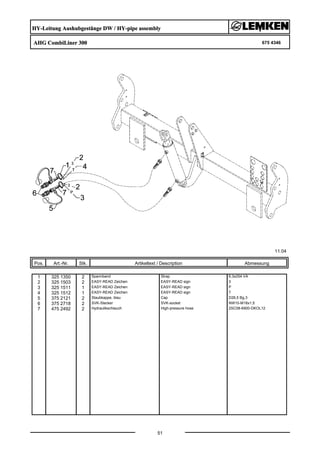 HY-Leitung Aushubgestänge DW / HY-pipe assembly
AHG CombiLiner 300 675 4346
11.04
Pos. Art.-Nr. Stk. Artikeltext / Description
51
Abmessung
1 325 1350 2 Spannband Strap 6,3x254 VA
2 325 1503 2 EASY-READ Zeichen EASY-READ sign 3
3 325 1511 1 EASY-READ Zeichen EASY-READ sign P
4 325 1512 1 EASY-READ Zeichen EASY-READ sign T
5 375 2121 2 Staubkappe, blau Cap D26,5 Bg.3
6 375 2718 2 SVK-Stecker SVK-socket NW10-M18x1,5
7 475 2492 2 Hydraulikschlauch High-pressure hose 2SC08-6900-DKOL12
 
