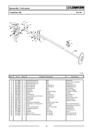Spuranreißer / Track marker
CombiLiner 400 682 1300
11.04
Pos. Art.-Nr. Stk. Artikeltext / Description
59
Abmessung
1 301 3240 2 Sechskantschraube spz. Bolt M10x45-8.8
2 301 3666 2 Sechskantschraube spz. Bolt M16x1,5x35-10.9 DIN961-A
3 301 5385 2 Sechskantschraube spz. Bolt M16x55-10.9
4 303 0933 2 Sicherungsmutter Selflocking nut DIN985-NM10-8 Zn
5 303 0935 14 Sicherungsmutter Selflocking nut DIN985-NM16-8 Zn
6 303 0970 2 Sechskantmutter Nut M10 DIN934-8
7 305 2040 2 Paßscheibe Shim 25x35x1,0 DIN988
8 305 2230 2 Stützscheibe Supporting washer S 25x35x2,0 DIN988
9 305 6166 2 Scheibe Washer 13/35x5
10 305 8861 2 Sicherungsring Securing ring 25x2 DIN471 Zn
12 317 3413 4 Einspannbuchse nach DIN 1498 Expansion bush EG25/32x20
13 323 6349 2 Schmiernippel Grease nipple CM10x1 DIN71412-90°
14 329 5010 2 Parabelpuffer Buffer D50x61-M10x33
15 482 1250 1 Klemme Clamp D30-50x15 100mm
16 482 1298 2 Konsole zum Spuranreißer Bracket for track marker -
18 482 1273 2 Schwenkarm I zum Spuranreißer Swinging arm I Zirkon 250+300+400+450
19 482 1284 2 Flach Flat steel 50x18x1460 1xD16,25/10,25
20 582 1248 2 Achse zum Spuranreißer Axle for track marker D30x595 668A
21 301 3922 4 Sechskantschraube spz. Bolt M16x80-8.8 Zn
23 305 8749 4 Scheibe Washer 26,9/16,9x8,2 Zn
24 311 9565 2 Klappstift Securing pin 4,5mm
25 313 8137 2 Bolzen mit Griff Pin with grip GB D12x103,5/1185
26 313 2535 2 Bolzen mit Verdrehsicherung Pin with stop FN D25/55x176/193
 