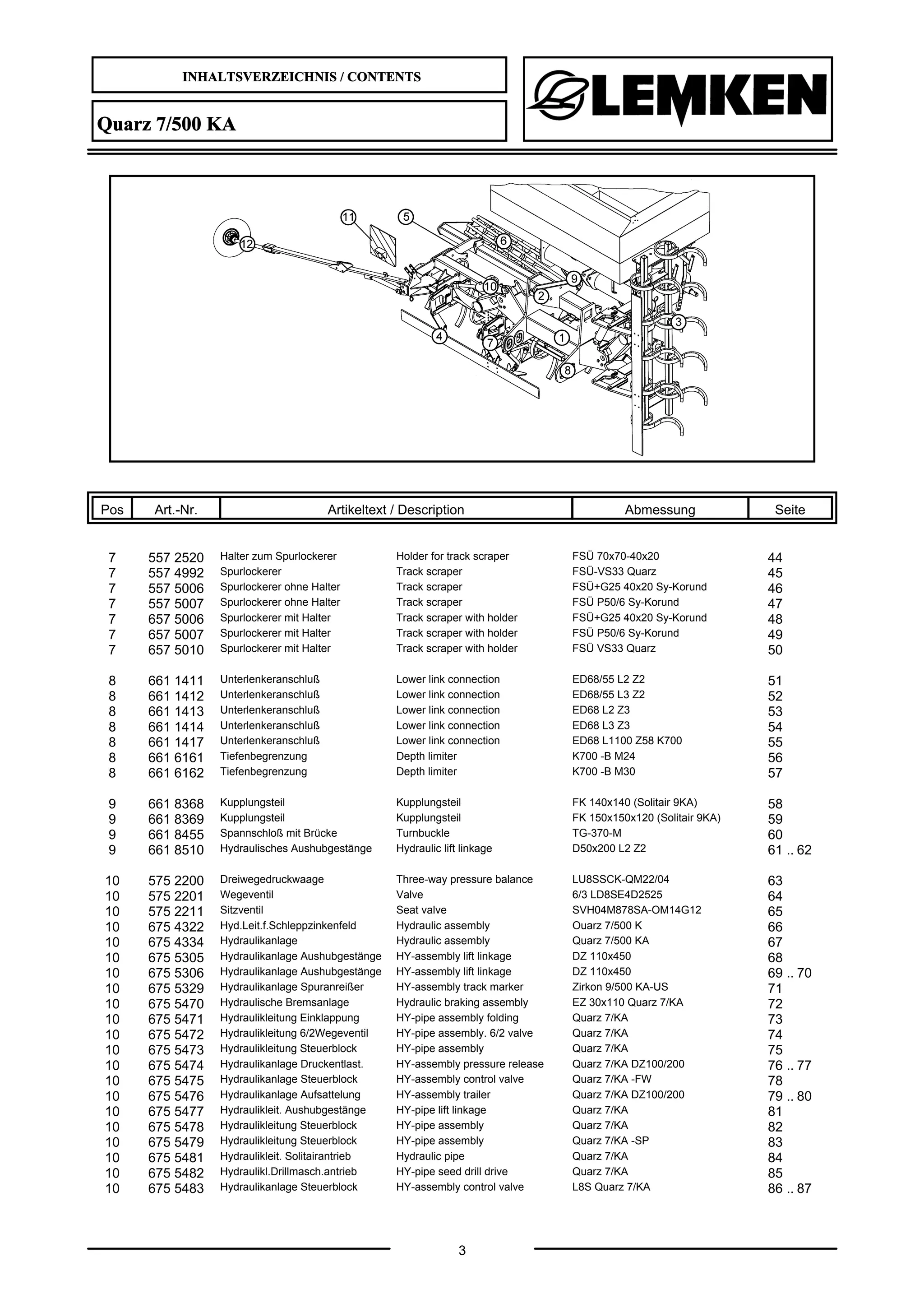 Lemken quarz 7500 KA parts catalog PDF