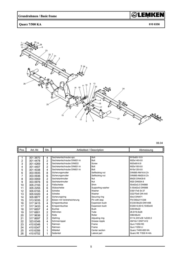 Lemken quarz 7500 KA parts catalog PDF