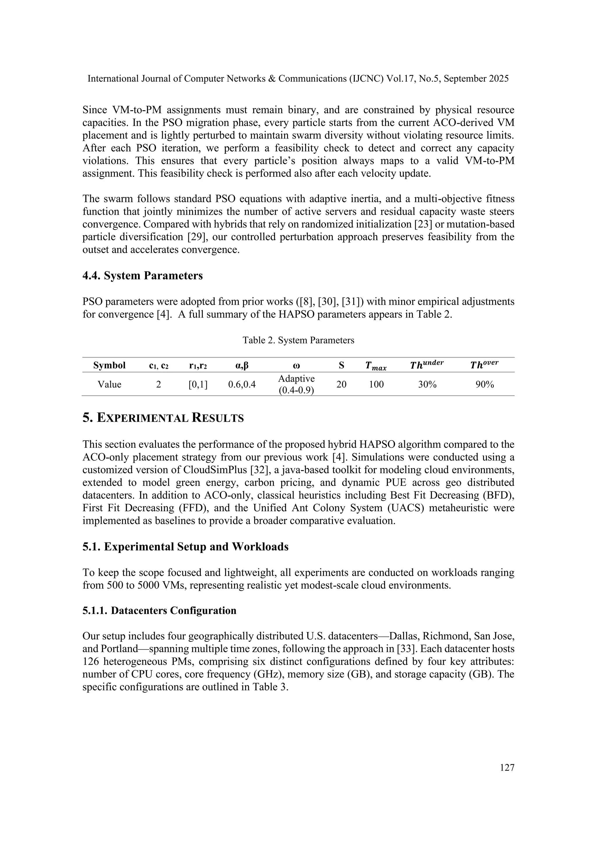 International Journal of Computer Networks & Communications (IJCNC) Vol.17, No.5, September 2025
127
Since VM-to-PM assignments must remain binary, and are constrained by physical resource
capacities. In the PSO migration phase, every particle starts from the current ACO-derived VM
placement and is lightly perturbed to maintain swarm diversity without violating resource limits.
After each PSO iteration, we perform a feasibility check to detect and correct any capacity
violations. This ensures that every particle’s position always maps to a valid VM-to-PM
assignment. This feasibility check is performed also after each velocity update.
The swarm follows standard PSO equations with adaptive inertia, and a multi-objective fitness
function that jointly minimizes the number of active servers and residual capacity waste steers
convergence. Compared with hybrids that rely on randomized initialization [23] or mutation-based
particle diversification [29], our controlled perturbation approach preserves feasibility from the
outset and accelerates convergence.
4.4. System Parameters
PSO parameters were adopted from prior works ([8], [30], [31]) with minor empirical adjustments
for convergence [4]. A full summary of the HAPSO parameters appears in Table 2.
Table 2. System Parameters
5. EXPERIMENTAL RESULTS
This section evaluates the performance of the proposed hybrid HAPSO algorithm compared to the
ACO-only placement strategy from our previous work [4]. Simulations were conducted using a
customized version of CloudSimPlus [32], a java-based toolkit for modeling cloud environments,
extended to model green energy, carbon pricing, and dynamic PUE across geo distributed
datacenters. In addition to ACO-only, classical heuristics including Best Fit Decreasing (BFD),
First Fit Decreasing (FFD), and the Unified Ant Colony System (UACS) metaheuristic were
implemented as baselines to provide a broader comparative evaluation.
5.1. Experimental Setup and Workloads
To keep the scope focused and lightweight, all experiments are conducted on workloads ranging
from 500 to 5000 VMs, representing realistic yet modest-scale cloud environments.
5.1.1. Datacenters Configuration
Our setup includes four geographically distributed U.S. datacenters—Dallas, Richmond, San Jose,
and Portland—spanning multiple time zones, following the approach in [33]. Each datacenter hosts
126 heterogeneous PMs, comprising six distinct configurations defined by four key attributes:
number of CPU cores, core frequency (GHz), memory size (GB), and storage capacity (GB). The
specific configurations are outlined in Table 3.
Symbol c1, c2 r1,r2 α,β ω S 𝑻𝒎𝒂𝒙 𝑻𝒉𝒖𝒏𝒅𝒆𝒓
𝑻𝒉𝒐𝒗𝒆𝒓
Value 2 [0,1] 0.6,0.4
Adaptive
(0.4-0.9)
20 100 30% 90%
 