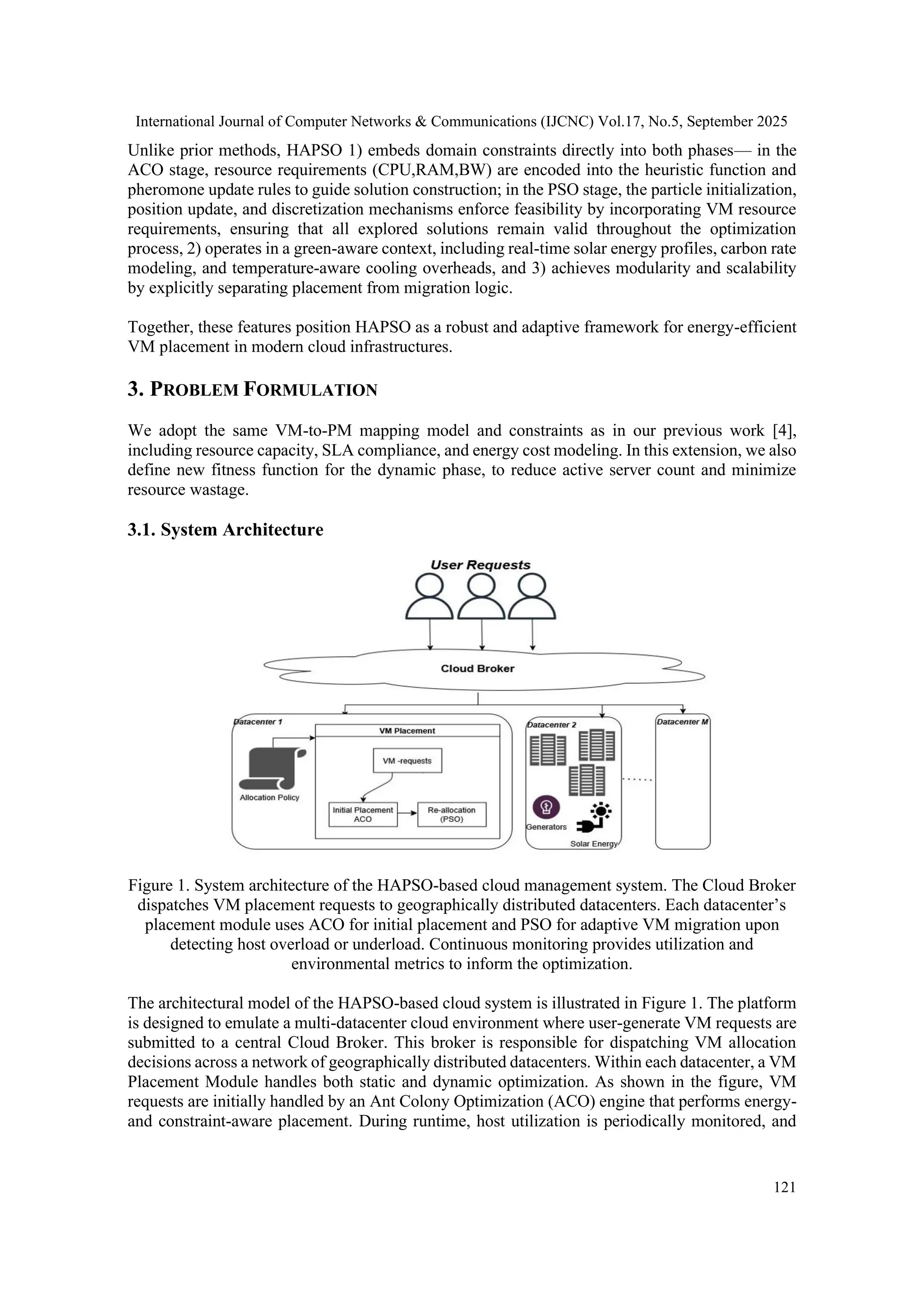 International Journal of Computer Networks & Communications (IJCNC) Vol.17, No.5, September 2025
121
Unlike prior methods, HAPSO 1) embeds domain constraints directly into both phases— in the
ACO stage, resource requirements (CPU,RAM,BW) are encoded into the heuristic function and
pheromone update rules to guide solution construction; in the PSO stage, the particle initialization,
position update, and discretization mechanisms enforce feasibility by incorporating VM resource
requirements, ensuring that all explored solutions remain valid throughout the optimization
process, 2) operates in a green-aware context, including real-time solar energy profiles, carbon rate
modeling, and temperature-aware cooling overheads, and 3) achieves modularity and scalability
by explicitly separating placement from migration logic.
Together, these features position HAPSO as a robust and adaptive framework for energy-efficient
VM placement in modern cloud infrastructures.
3. PROBLEM FORMULATION
We adopt the same VM-to-PM mapping model and constraints as in our previous work [4],
including resource capacity, SLA compliance, and energy cost modeling. In this extension, we also
define new fitness function for the dynamic phase, to reduce active server count and minimize
resource wastage.
3.1. System Architecture
Figure 1. System architecture of the HAPSO-based cloud management system. The Cloud Broker
dispatches VM placement requests to geographically distributed datacenters. Each datacenter’s
placement module uses ACO for initial placement and PSO for adaptive VM migration upon
detecting host overload or underload. Continuous monitoring provides utilization and
environmental metrics to inform the optimization.
The architectural model of the HAPSO-based cloud system is illustrated in Figure 1. The platform
is designed to emulate a multi-datacenter cloud environment where user-generate VM requests are
submitted to a central Cloud Broker. This broker is responsible for dispatching VM allocation
decisions across a network of geographically distributed datacenters. Within each datacenter, a VM
Placement Module handles both static and dynamic optimization. As shown in the figure, VM
requests are initially handled by an Ant Colony Optimization (ACO) engine that performs energy-
and constraint-aware placement. During runtime, host utilization is periodically monitored, and
 
