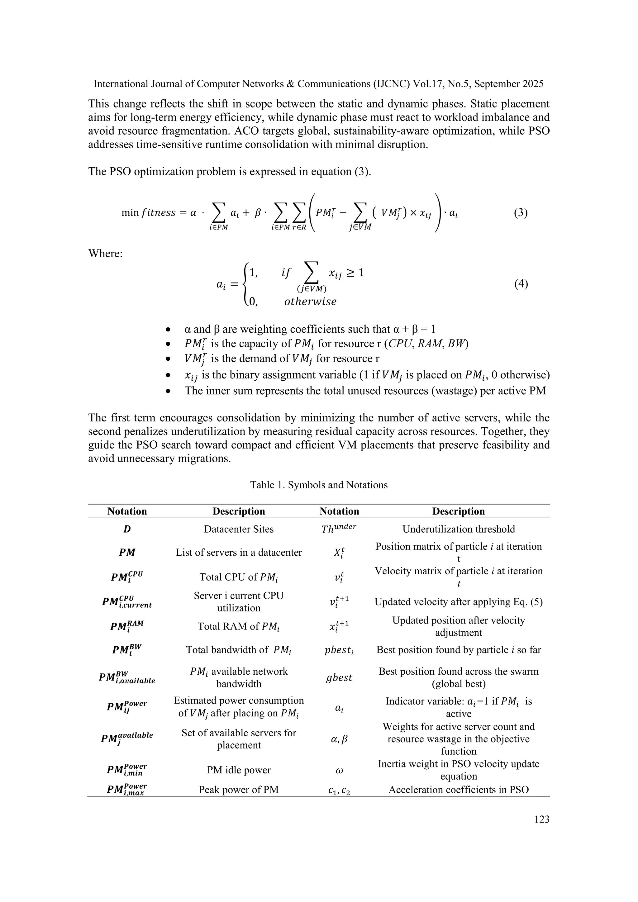 International Journal of Computer Networks & Communications (IJCNC) Vol.17, No.5, September 2025
123
This change reflects the shift in scope between the static and dynamic phases. Static placement
aims for long-term energy efficiency, while dynamic phase must react to workload imbalance and
avoid resource fragmentation. ACO targets global, sustainability-aware optimization, while PSO
addresses time-sensitive runtime consolidation with minimal disruption.
The PSO optimization problem is expressed in equation (3).
min 𝑓𝑖𝑡𝑛𝑒𝑠𝑠 = 𝛼 ⋅ ∑ 𝑎𝑖
𝑖∈𝑃𝑀
+ 𝛽 ∙ ∑ ∑ (𝑃𝑀𝑖
𝑟
− ∑ ( 𝑉𝑀𝑗
𝑟
)
𝑗∈𝑉𝑀
× 𝑥𝑖𝑗 ) ∙ 𝑎𝑖
𝑟∈𝑅
𝑖∈𝑃𝑀
(3)
Where:
𝑎𝑖 = {
1, 𝑖𝑓 ∑ 𝑥𝑖𝑗
(𝑗∈𝑉𝑀)
≥ 1
0, 𝑜𝑡ℎ𝑒𝑟𝑤𝑖𝑠𝑒
(4)
• α and β are weighting coefficients such that α + β = 1
• 𝑃𝑀𝑖
𝑟
is the capacity of 𝑃𝑀𝑖 for resource r (CPU, RAM, BW)
• 𝑉𝑀𝑗
𝑟
is the demand of 𝑉𝑀𝑗 for resource r
• 𝑥𝑖𝑗 is the binary assignment variable (1 if 𝑉𝑀𝑗 is placed on 𝑃𝑀𝑖, 0 otherwise)
• The inner sum represents the total unused resources (wastage) per active PM
The first term encourages consolidation by minimizing the number of active servers, while the
second penalizes underutilization by measuring residual capacity across resources. Together, they
guide the PSO search toward compact and efficient VM placements that preserve feasibility and
avoid unnecessary migrations.
Table 1. Symbols and Notations
Notation Description Notation Description
𝑫 Datacenter Sites 𝑇ℎ𝑢𝑛𝑑𝑒𝑟
Underutilization threshold
𝑷𝑴 List of servers in a datacenter 𝑋𝑖
𝑡 Position matrix of particle i at iteration
t
𝑷𝑴𝒊
𝑪𝑷𝑼
Total CPU of 𝑃𝑀𝑖 𝑣𝑖
𝑡 Velocity matrix of particle i at iteration
t
𝑷𝑴𝒊,𝒄𝒖𝒓𝒓𝒆𝒏𝒕
𝑪𝑷𝑼 Server i current CPU
utilization
𝑣𝑖
𝑡+1
Updated velocity after applying Eq. (5)
𝑷𝑴𝒊
𝑹𝑨𝑴
Total RAM of 𝑃𝑀𝑖 𝑥𝑖
𝑡+1 Updated position after velocity
adjustment
𝑷𝑴𝒊
𝑩𝑾
Total bandwidth of 𝑃𝑀𝑖 𝑝𝑏𝑒𝑠𝑡𝑖 Best position found by particle i so far
𝑷𝑴𝒊,𝒂𝒗𝒂𝒊𝒍𝒂𝒃𝒍𝒆
𝑩𝑾 𝑃𝑀𝑖 available network
bandwidth
𝑔𝑏𝑒𝑠𝑡
Best position found across the swarm
(global best)
𝑷𝑴𝒊𝒋
𝑷𝒐𝒘𝒆𝒓 Estimated power consumption
of 𝑉𝑀𝑗 after placing on 𝑃𝑀𝑖
𝑎𝑖
Indicator variable: 𝑎𝑖=1 if 𝑃𝑀𝑖 is
active
𝑷𝑴𝒋
𝒂𝒗𝒂𝒊𝒍𝒂𝒃𝒍𝒆 Set of available servers for
placement
𝛼, 𝛽
Weights for active server count and
resource wastage in the objective
function
𝑷𝑴𝒊,𝒎𝒊𝒏
𝑷𝒐𝒘𝒆𝒓
PM idle power 𝜔
Inertia weight in PSO velocity update
equation
𝑷𝑴𝒊,𝒎𝒂𝒙
𝑷𝒐𝒘𝒆𝒓
Peak power of PM 𝑐1, 𝑐2 Acceleration coefficients in PSO
 
