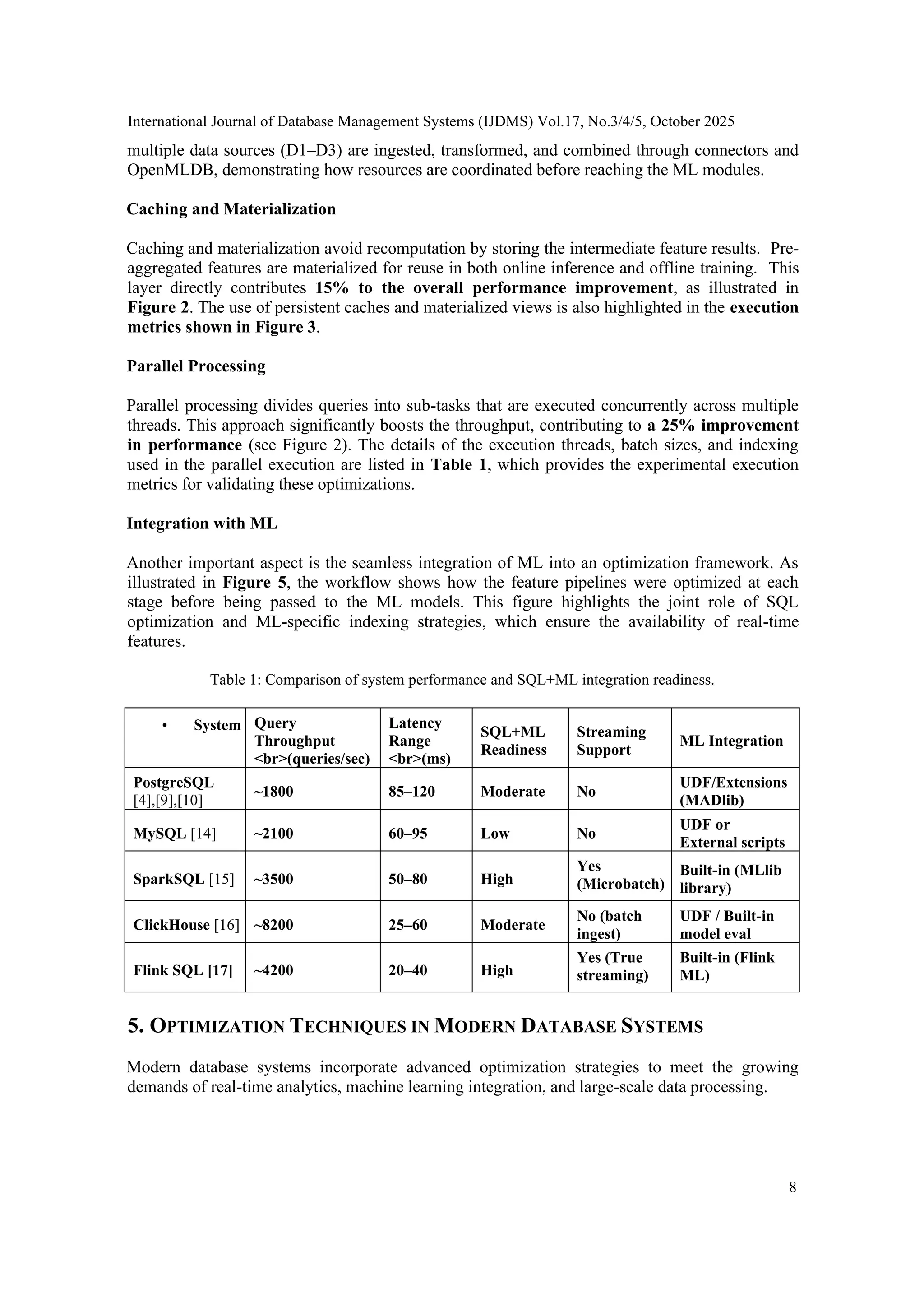 International Journal of Database Management Systems (IJDMS) Vol.17, No.3/4/5, October 2025 8 multiple data sources (D1–D3) are ingested, transformed, and combined through connectors and OpenMLDB, demonstrating how resources are coordinated before reaching the ML modules. Caching and Materialization Caching and materialization avoid recomputation by storing the intermediate feature results. Pre- aggregated features are materialized for reuse in both online inference and offline training. This layer directly contributes 15% to the overall performance improvement, as illustrated in Figure 2. The use of persistent caches and materialized views is also highlighted in the execution metrics shown in Figure 3. Parallel Processing Parallel processing divides queries into sub-tasks that are executed concurrently across multiple threads. This approach significantly boosts the throughput, contributing to a 25% improvement in performance (see Figure 2). The details of the execution threads, batch sizes, and indexing used in the parallel execution are listed in Table 1, which provides the experimental execution metrics for validating these optimizations. Integration with ML Another important aspect is the seamless integration of ML into an optimization framework. As illustrated in Figure 5, the workflow shows how the feature pipelines were optimized at each stage before being passed to the ML models. This figure highlights the joint role of SQL optimization and ML-specific indexing strategies, which ensure the availability of real-time features. Table 1: Comparison of system performance and SQL+ML integration readiness. • System Query Throughput <br>(queries/sec) Latency Range <br>(ms) SQL+ML Readiness Streaming Support ML Integration PostgreSQL [4],[9],[10] ~1800 85–120 Moderate No UDF/Extensions (MADlib) MySQL [14] ~2100 60–95 Low No UDF or External scripts SparkSQL [15] ~3500 50–80 High Yes (Microbatch) Built-in (MLlib library) ClickHouse [16] ~8200 25–60 Moderate No (batch ingest) UDF / Built-in model eval Flink SQL [17] ~4200 20–40 High Yes (True streaming) Built-in (Flink ML) 5. OPTIMIZATION TECHNIQUES IN MODERN DATABASE SYSTEMS Modern database systems incorporate advanced optimization strategies to meet the growing demands of real-time analytics, machine learning integration, and large-scale data processing. 