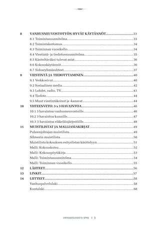 R
VANHUSNEUVOSTO-OPAS I 3
8	 VANHUSNEUVOSTOTYÖN HYVÄT KÄYTÄNNÖT...............................33
	 8.1	Toimintasuunnitelma..........................................................................33
	 8.2	Toimintakertomus................................................................................34
	 8.3	Toiminnan vuosikello..........................................................................34
	 8.4	Viestintä- ja tiedotussuunnitelma.......................................................35
	 8.5 Käsiteltäväksi tulevat asiat..................................................................36
	 8.6 Kokouskäytännöt.................................................................................36
	 8.7 Sidosryhmäsuhteet..............................................................................37
9	 VIESTINTÄ JA TIEDOTTTAMINEN........................................................40
	 9.1	Verkkosivut..........................................................................................40
	 9.2	Sosiaalinen media................................................................................42
	 9.3	Lehdet, radio, TV.................................................................................43
	 9.4	Tiedote..................................................................................................44
	 9.5	Muut viestintäkeinot ja -kanavat.........................................................44
10	 YHTEENVETO: 3 x 3 HAVAINTOA..........................................................46
	 10.1 3 havaintoa vanhusneuvostoille........................................................46
	 10.2 3 havaintoa kunnille..........................................................................47
	 10.3 3 havaintoa eläkeläisjärjestöille........................................................48
11	 MUISTILISTAT JA MALLIASIAKIRJAT.................................................49
	 Puheenjohtajan muistilista........................................................................49
	 Sihteerin muistilista..................................................................................50
	 Muistilista kokouksen esityslistan käsittelyyn.........................................51
	 Malli: Kokouskutsu....................................................................................52
	 Malli: Kokouspöytäkirja............................................................................53
	 Malli: Toimintasuunnitelma......................................................................54
	 Malli: Toiminnan vuosikello.....................................................................55
12	 LÄHTEET...................................................................................................56
13	 LINKIT.......................................................................................................57
14	 LIITTEET....................................................................................................58
	 Vanhuspalvelulaki.....................................................................................58
	 Kuntalaki....................................................................................................68
 