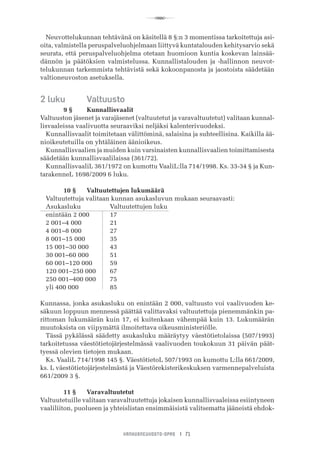 VANHUSNEUVOSTO-OPAS I 71
R
Neuvottelukunnan tehtävänä on käsitellä 8 §:n 3 momentissa tarkoitettuja asi-
oita, valmistella peruspalveluohjelmaan liittyvä kuntatalouden kehitysarvio sekä
seurata, että peruspalveluohjelma otetaan huomioon kuntia koskevan lainsää-
dännön ja päätöksien valmistelussa. Kunnallistalouden ja -hallinnon neuvot-
telukunnan tarkemmista tehtävistä sekä kokoonpanosta ja jaostoista säädetään
valtioneuvoston asetuksella.
2 luku	 Valtuusto
	 9 §	 Kunnallisvaalit
Valtuuston jäsenet ja varajäsenet (valtuutetut ja varavaltuutetut) valitaan kunnal-
lisvaaleissa vaalivuotta seuraaviksi neljäksi kalenterivuodeksi.
Kunnallisvaalit toimitetaan välittöminä, salaisina ja suhteellisina. Kaikilla ää-
nioikeutetuilla on yhtäläinen äänioikeus.
Kunnallisvaalien ja muiden kuin varsinaisten kunnallisvaalien toimittamisesta
säädetään kunnallisvaalilaissa (361/72).
KunnallisvaaliL 361/1972 on kumottu VaaliL:lla 714/1998. Ks. 33-34 § ja Kun-
tarakenneL 1698/2009 6 luku.
	 10 §	 Valtuutettujen lukumäärä
Valtuutettuja valitaan kunnan asukasluvun mukaan seuraavasti:
Asukasluku	 	 Valtuutettujen luku
enintään 2 000	 17
2 001–4 000	 	 21
4 001–8 000	 	 27
8 001–15 000		 35
15 001–30 000	 43
30 001–60 000	 51
60 001–120 000	 59
120 001–250 000	 67
250 001–400 000	 75
yli 400 000	 	 85
Kunnassa, jonka asukasluku on enintään 2 000, valtuusto voi vaalivuoden ke-
säkuun loppuun mennessä päättää valittavaksi valtuutettuja pienemmänkin pa-
rittoman lukumäärän kuin 17, ei kuitenkaan vähempää kuin 13. Lukumäärän
muutoksista on viipymättä ilmoitettava oikeusministeriölle.
Tässä pykälässä säädetty asukasluku määräytyy väestötietolaissa (507/1993)
tarkoitetussa väestötietojärjestelmässä vaalivuoden toukokuun 31 päivän päät-
tyessä olevien tietojen mukaan.
Ks. VaaliL 714/1998 145 §. VäestötietoL 507/1993 on kumottu L:lla 661/2009,
ks. L väestötietojärjestelmästä ja Väestörekisterikeskuksen varmennepalveluista
661/2009 3 §.
	 11 §	 Varavaltuutetut
Valtuutetuille valitaan varavaltuutettuja jokaisen kunnallisvaaleissa esiintyneen
vaaliliiton, puolueen ja yhteislistan ensimmäisistä valitsematta jääneistä ehdok-
 