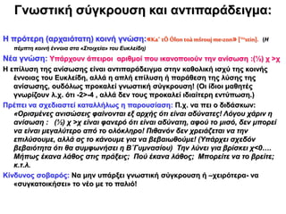 Γνωστική σύγκρουση και αντιπαράδειγμα:
Η πρότερη (αρχαιότατη) κοινή γνώση:«Kaˆ tÕÓlontoàmšroujme‹zon»[™stin]. (Η
πέμπτη κοινή έννοια στα «Στοιχεία» του Ευκλείδη)
Νέα γνώση: Υπάρχουν άπειροι αριθμοί που ικανοποιούν την ανίσωση :(½) χ >χ
Η επίλυση της ανίσωσης είναι αντιπαράδειγμα στην καθολική ισχύ της κοινής
έννοιας του Ευκλείδη, αλλά η απλή επίλυση ή παράθεση της λύσης της
ανίσωσης, ουδόλως προκαλεί γνωστική σύγκρουση! (Οι ίδιοι μαθητές
γνωρίζουν λ.χ. ότι -2>-4 , αλλά δεν τους προκαλεί ιδιαίτερη εντύπωση.)
Πρέπει να σχεδιαστεί καταλλήλως η παρουσίαση: Π.χ. να πει ο διδάσκων:
«Ορισμένες ανισώσεις φαίνονται εξ αρχής ότι είναι αδύνατες! Λόγου χάριν η
ανίσωση : (½) χ >χ είναι φανερό ότι είναι αδύνατη, αφού το μισό, δεν μπορεί
να είναι μεγαλύτερο από το ολόκληρο! Πιθανόν δεν χρειάζεται να την
επιλύσουμε, αλλά ας το κάνουμε για να βεβαιωθούμε! (Υπάρχει σχεδόν
βεβαιότητα ότι θα συμφωνήσει η Β΄Γυμνασίου) Την λύνει για βρίσκει χ<0….
Μήπως έκανα λάθος στις πράξεις; Πού έκανα λάθος; Μπορείτε να το βρείτε;
κ.τ.λ.
Κίνδυνος σοβαρός: Να μην υπάρξει γνωστική σύγκρουση ή –χειρότερα- να
«συγκατοικήσει» το νέο με το παλιό!
 